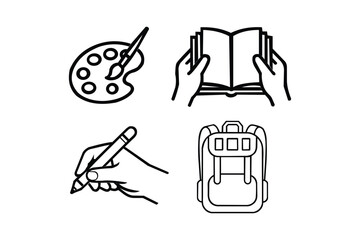 Educational Tools Icon Set - Palette, Book, Pen, and Backpack in Black and White. Resizable and Editable, EPS 10.
