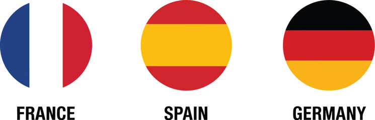 French, Spanish, and German National Flags Representing European Countries