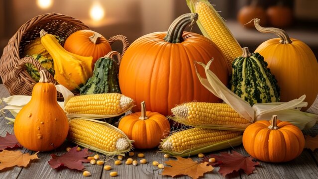Autumnal display of pumpkins gourds corn and leaves arranged on a rustic wooden surface scene capture - Powered by Adobe