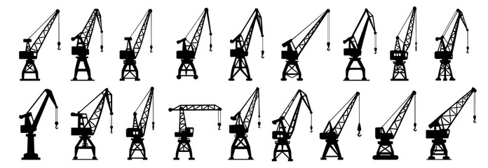 Harbor crane silhouettes show diverse industrial lifting machines in strong black forms. The set includes tall boom cranes, tower cranes, gantry structures