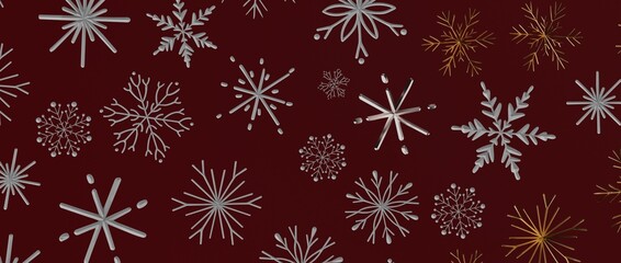 Festive winter background with snowflakes in white and gold on a burgundy backdrop. Perfect for holiday design