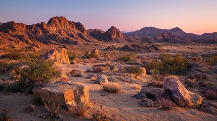 Obraz premium Wide-Angle Desert Landscape with Warm Sky and Distant Peaks