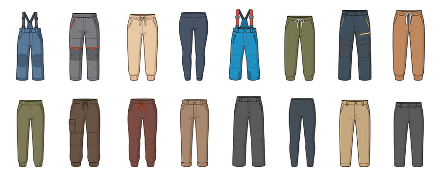 Pants collection showcases various trousers in casual, sport and winter styles. The set includes joggers, leggings, cargo pants, ski pants