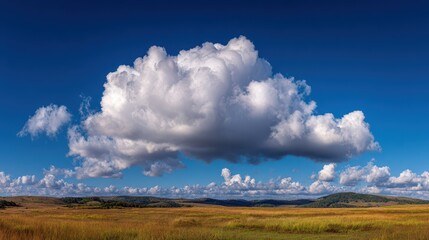 Wide-angle sky panorama featuring a towering cumulus cloud above open fields and distant rolling hills