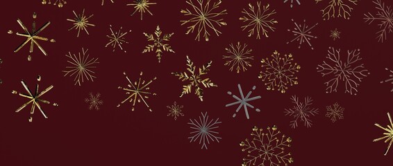 Elegant gold snowflakes on a deep red background create a festive winter holiday atmosphere for your seasonal