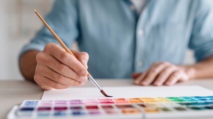 Artist's hand holding a paintbrush, creating a colorful watercolor painting on a blank canvas, surrounded by vibrant paint palettes and artistic tools, showcasing creative expression
