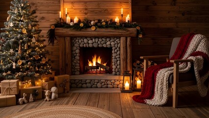 A christmas tree and fireplace with lit candles and presents in a cozy rustic living room setting