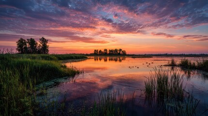 Wide-angle view of a serene wetlands sunset with pink-orange clouds over a quiet marsh