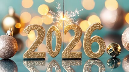 A festive arrangement featuring the sparkling numbers "2026" with decorative ornaments and a sparkler, symbolizing celebration and the New Year.