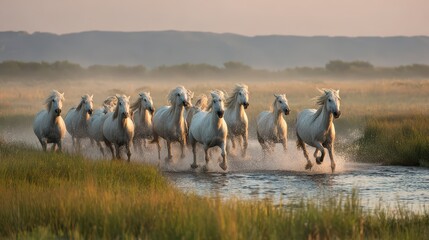 Wild white horses in motion across a river and grassy field at sunrise