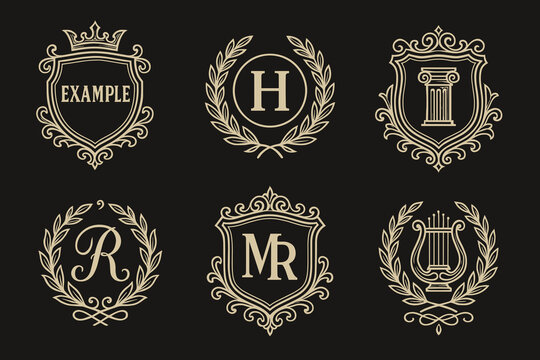 Vintage monogram collection featuring classic heraldic shields. Elegant line work frames decorative initials and symbolic elements