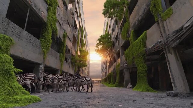 Zebras in a post-apocalyptic city.