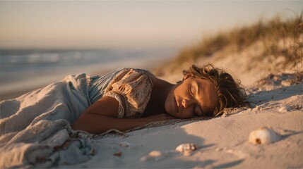 Woman sleeping on a sunlit beach on a soft blanket with gentle waves in the background