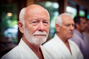 Elderly men practice martial arts in a training session