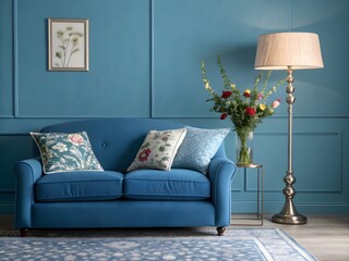 Modern living room with blue sofa, lamp and vase on blue wall background.
