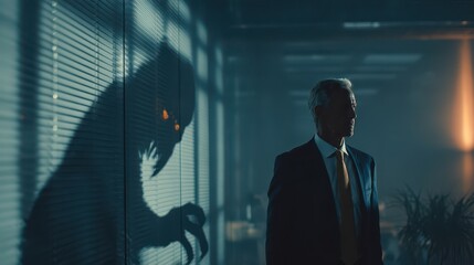 Workplace tension: a man faces a looming shadow monster reflecting inner anxiety