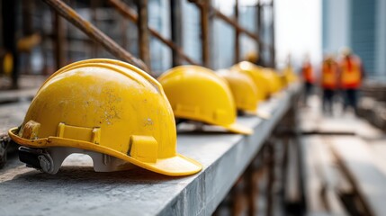 Worksite safety gear display: sequential helmets with blank area for marketing text
