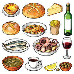 Seafood and food items. Fish, octopus, bread, wine, cheese, olives, coffee. Vector illustration of meal ingredients on white background.