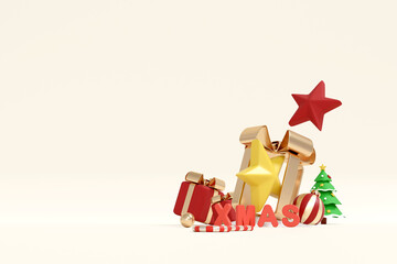 3d render of christmas text with pine trees and gifts on white snow background