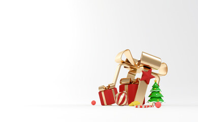 3d render of christmas text with pine trees and gifts on white snow background