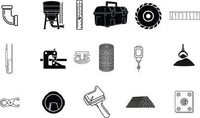 Collection of Tools and Construction Equipment Icons Representing Various Trades and Industries