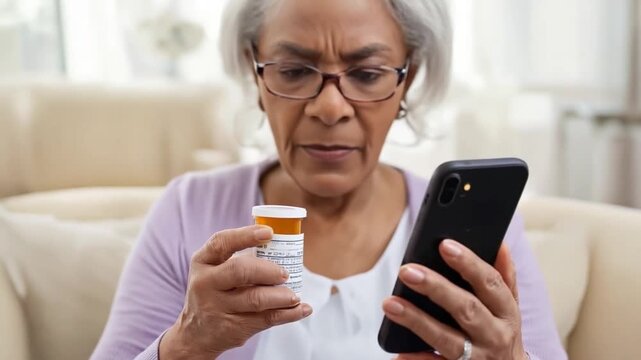 Senior person consulting the leaflet of a medicine with their mobile phone.