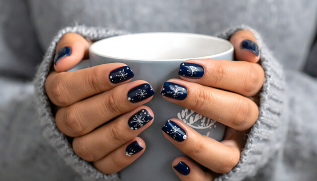 Close-up of hands with dark blue glittery nails holding a gray mug, showcasing a cozy winter manicure
