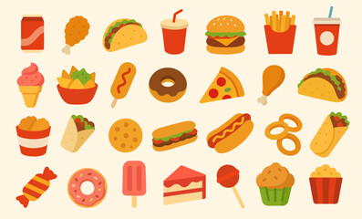 Fast food illustrations icons set. Vector clipart collection. Fast food, sweets and desserts icons. Hamburger, hot dog, pizza, taco, popcorn and other. Perfect for menu design