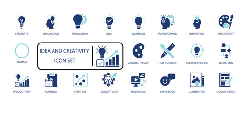Idea and Creativity icon set in blue. Concepts include innovation, brainstorming, lightbulb, strategy, and planning. Ideal for design, business, marketing, and presentation.