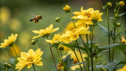 Yellow flowers in the garden with bee.