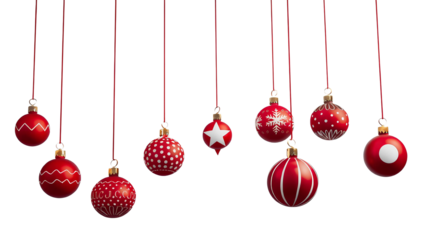 Red Christmas Ornaments with White Patterns Hanging Illustration on transparent Background
