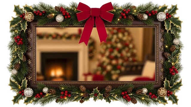 Christmas frame with holly berries pine cones and a red bow with blurred fireplace scene inside it - Powered by Adobe