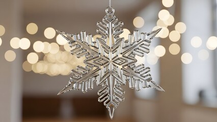 A silver snowflake ornament hangs in front of blurred lights creating a festive holiday atmosphere
