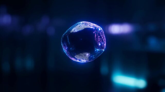 Futuristic glowing quantum bit qubit particle with blue and purple light in high-tech lab environment video