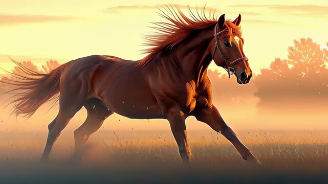 Majestic chestnut horse running sunrise through misty meadow, embracing nature and freedom golden light gallant equine strength, grace, mane motion