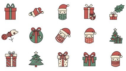 Festive christmas themed icons including presents trees ornaments and sleeping characters on white background