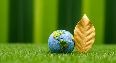 Globe with Green Leaf on Green Nature background. Environmental sustainability