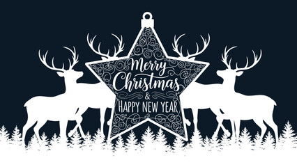 Festive Holiday Design: A captivating holiday design with festive silhouettes of deer and star and winter theme, perfect for evoking the Christmas spirit.