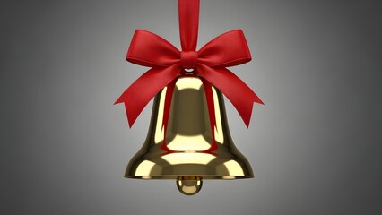 A shiny golden bell with a red ribbon hanging against a gray gradient background in a studio shot