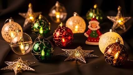 Festive christmas ornaments and star decorations on a dark background creating a warm ambiance