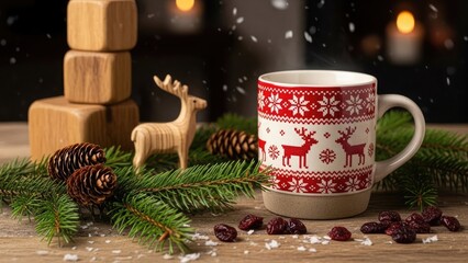 Christmas mug with reindeer and snowflakes on wooden table