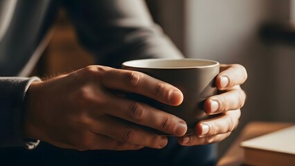 Man holding a cup of coffee with both hands in a warm and inviting indoor setting close up view