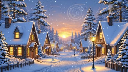 Snow covered village with Christmas lights at sunset