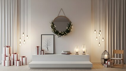 Festive holiday scene with gifts wreath lights and minimalist decor in a bright and airy room setting