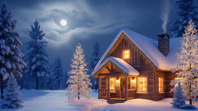 A snowy cabin glows under a full moon surrounded by snow covered trees in a winter wonderland scene - Powered by Adobe