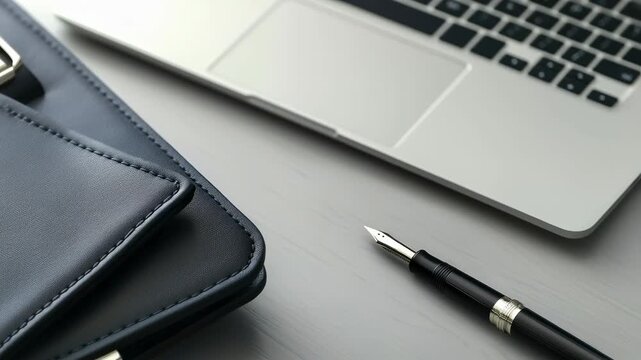 Elegant workspace with laptop keyboard, leather planner with buckle, fountain pen minimal gray office desk modern professional notebook, trackpad