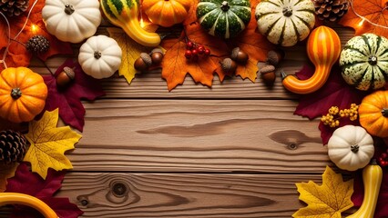 Autumn arrangement of pumpkins gourds leaves acorns and pine cones on a wooden surface display 100c