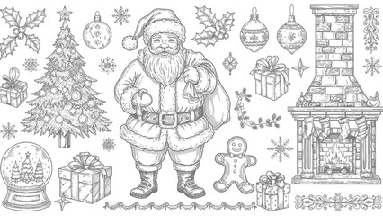 Fototapeta premium Christmas Collection: An elegant illustration of festive elements, including Santa Claus, adorned Christmas tree, and wrapped gift, and other festive decoration evoking the holiday spirit.