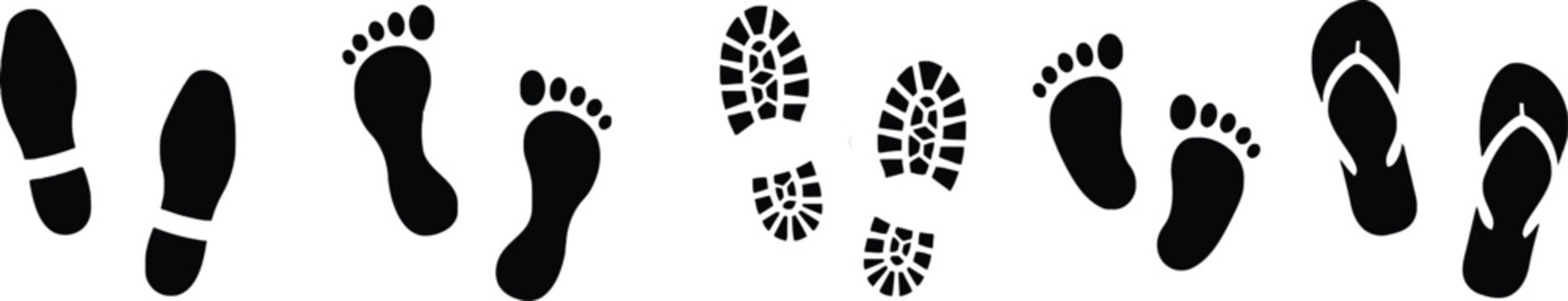 footprint, footprints, shoe print, shoe prints, flip flop, sandal, boot print, boot prints, walking, steps, path, journey, track, trail, silhouette, black, white background, isolated, collection, set,