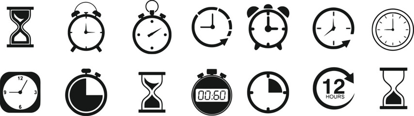 time, clock, watch, hourglass, stopwatch, alarm, timer, measurement, duration, seconds, minutes, hours, icon, symbol, graphic, collection, set, design, element, vintage, retro, modern, digital